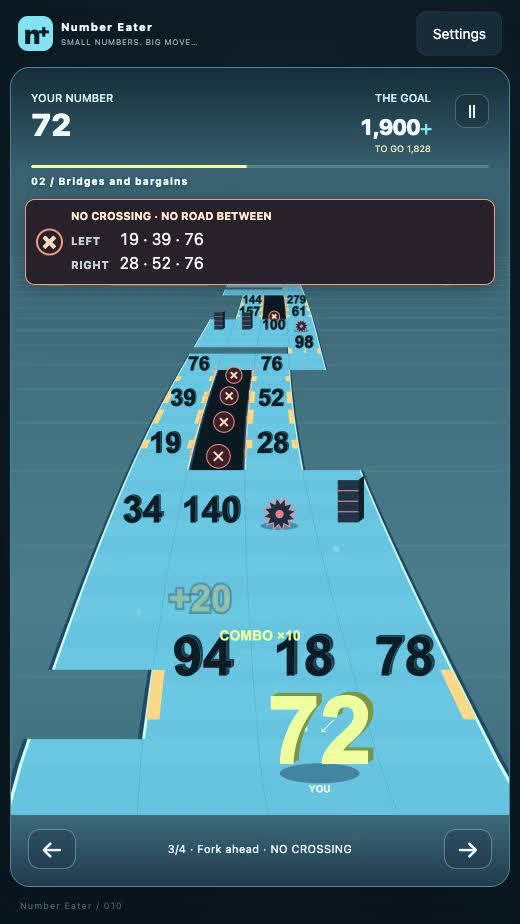 Number Eater on mobile: the player has 72 and approaches two separate bridges with a target of 1,900.